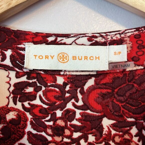 Tory Burch Floral Botanical Printed V Neck Peasant Top Small Red Spring Boho - Picture 2 of 10